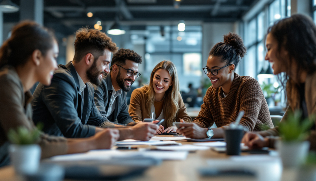 A photograph of a diverse group of professionals engaged in a collaborative brainstorming session