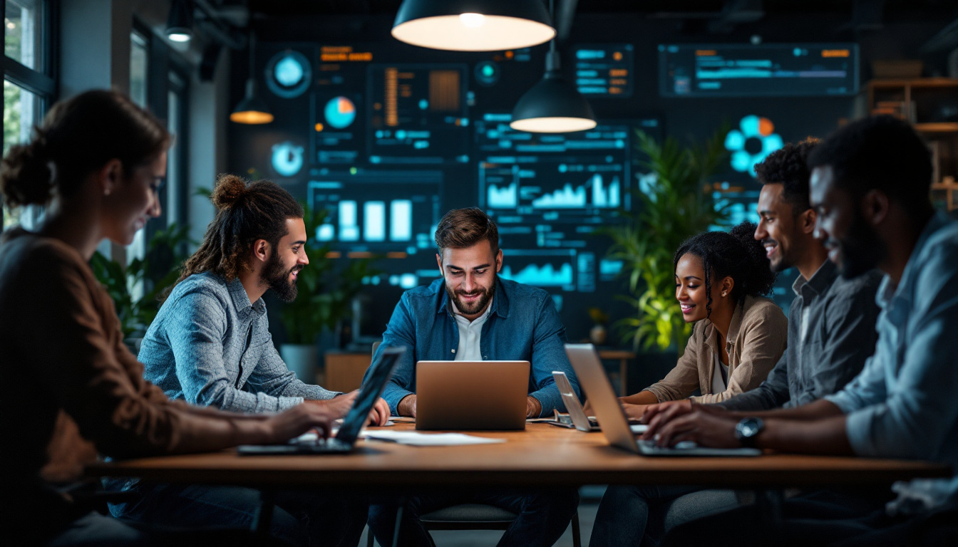 A photograph of a diverse group of professionals engaged in a collaborative work environment