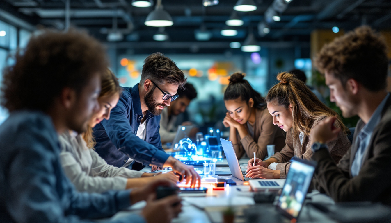 A photograph of a diverse group of professionals engaged in various automated tasks