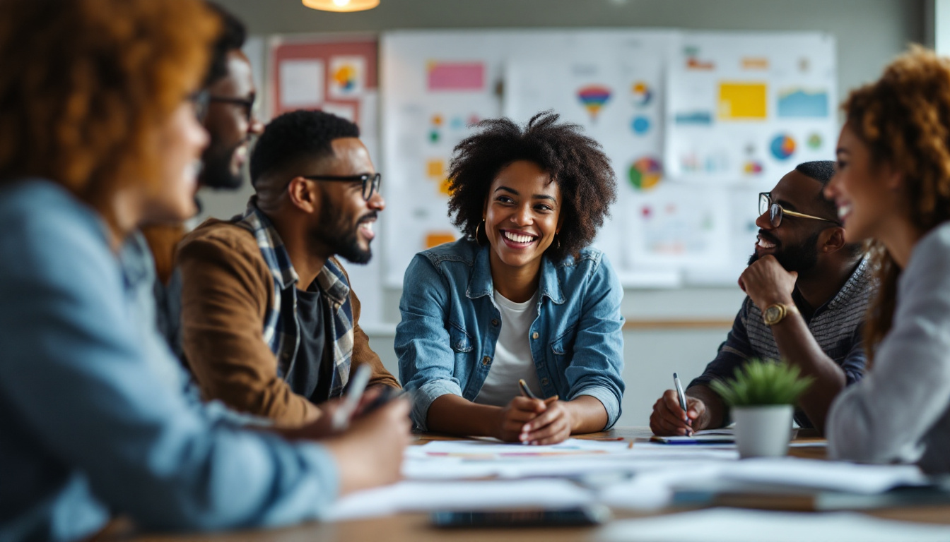 A photograph of a diverse team engaged in a collaborative brainstorming session