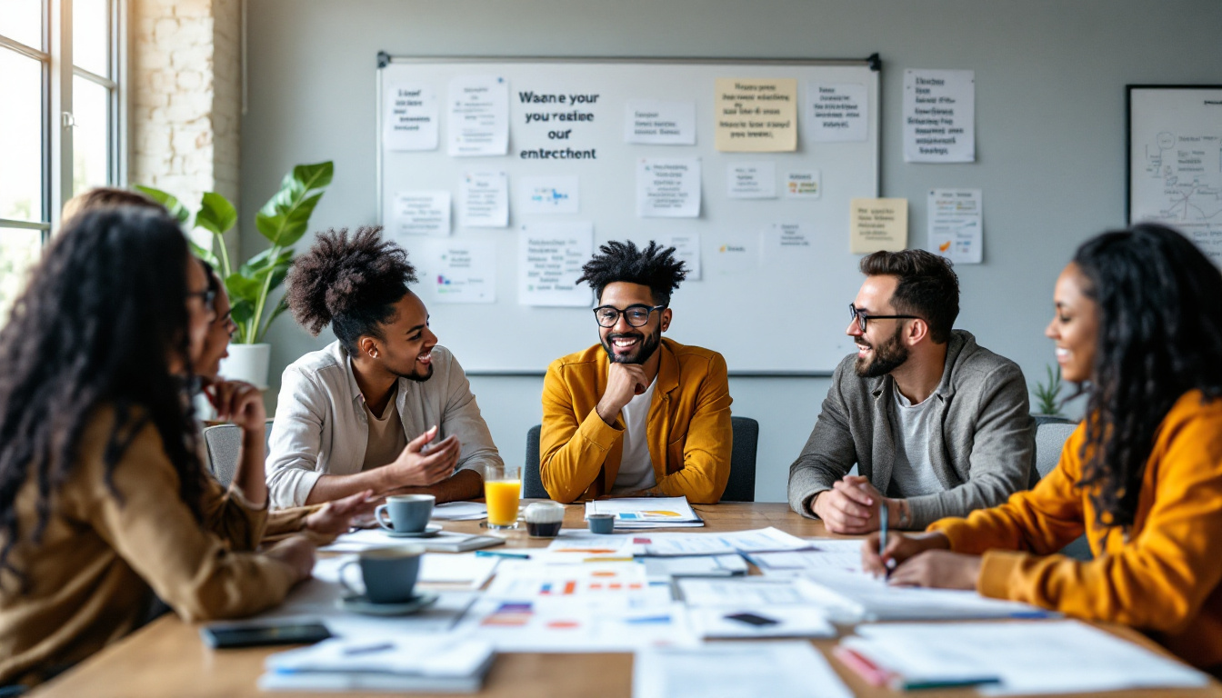 A photograph of a diverse group of dynamic entrepreneurs engaged in a collaborative brainstorming session