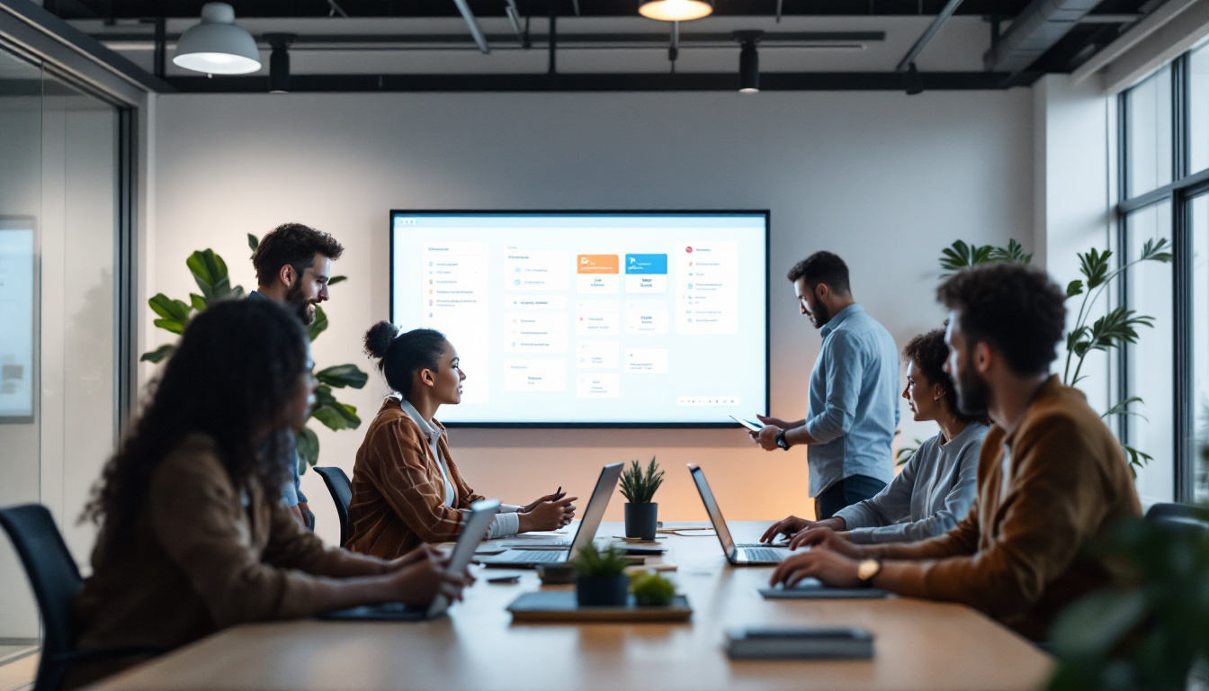 A photograph of a modern office setting where a diverse group of professionals collaborates around digital devices